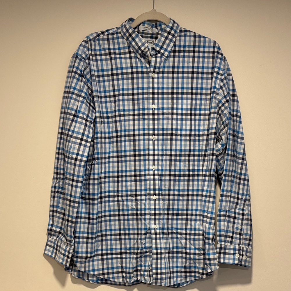 L.L. Bean Men's Plaid Button Down Shirt - Blue and White